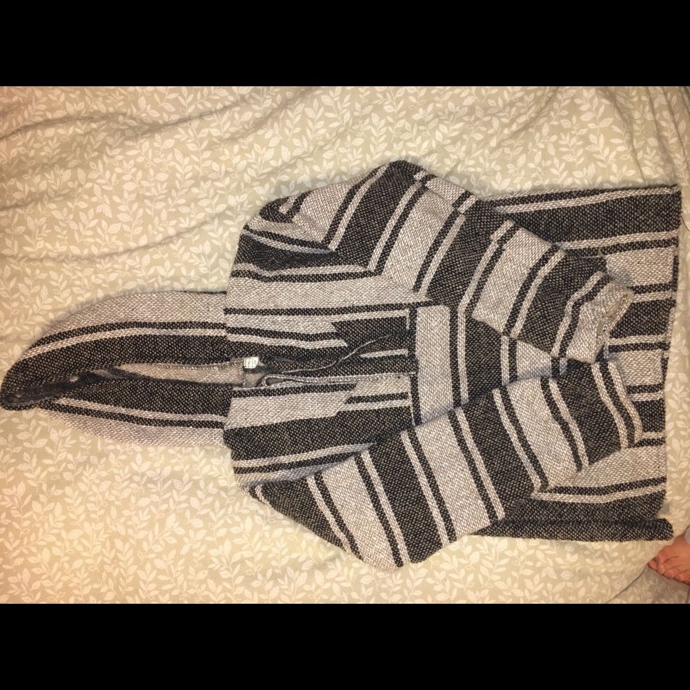 GRAY AND WHITE STRIPED MEXICAN PONCHO/ JACKET